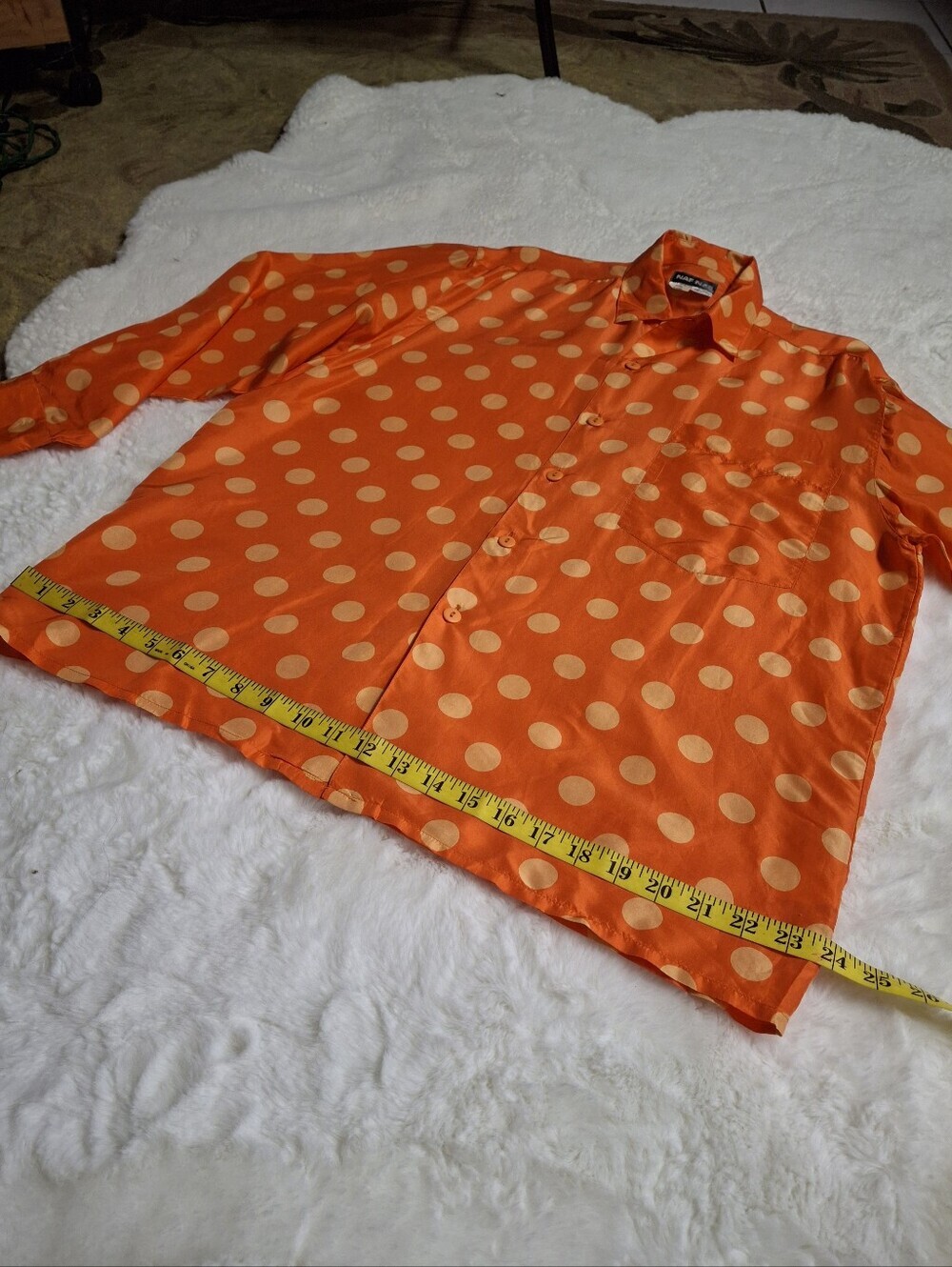 NAF NAF Paris Silk Orange with Beige Polka-Dots Button-Up Blouse Size X-Large - Picture 11 of 16